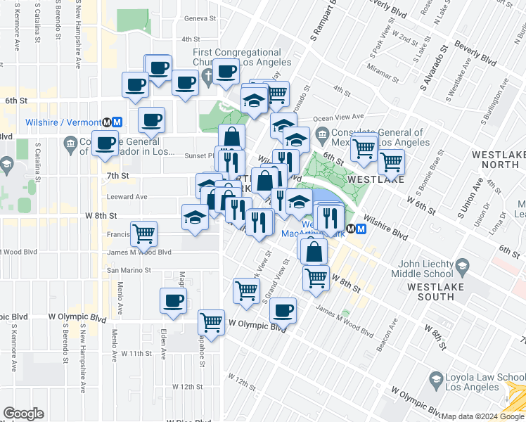 map of restaurants, bars, coffee shops, grocery stores, and more near 716 South Carondelet Street in Los Angeles