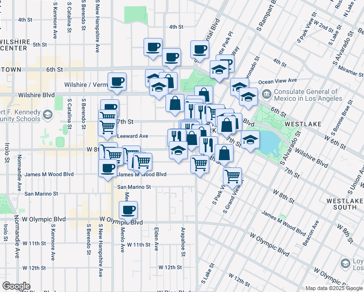 map of restaurants, bars, coffee shops, grocery stores, and more near 2744 West 8th Street in Los Angeles