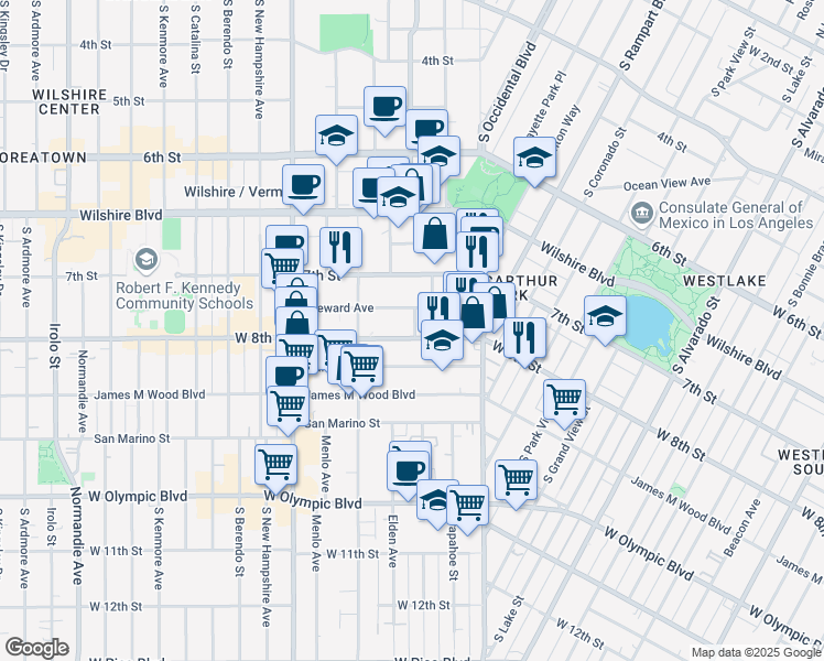 map of restaurants, bars, coffee shops, grocery stores, and more near 2802 West 8th Street in Los Angeles