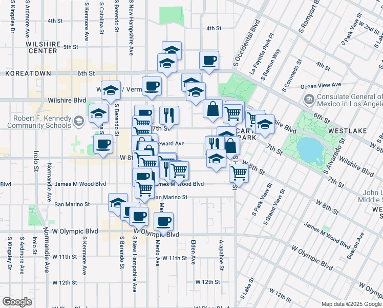 map of restaurants, bars, coffee shops, grocery stores, and more near 2870 West 8th Street in Los Angeles