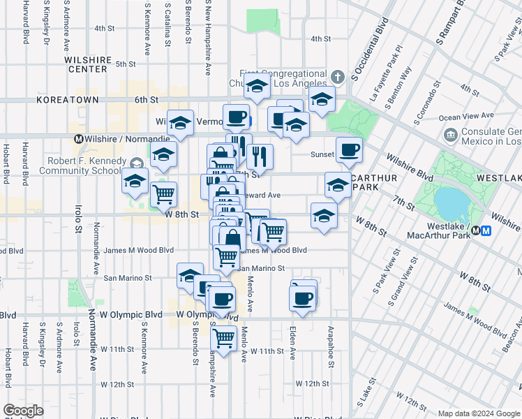 map of restaurants, bars, coffee shops, grocery stores, and more near 2936 West 8th Street in Los Angeles