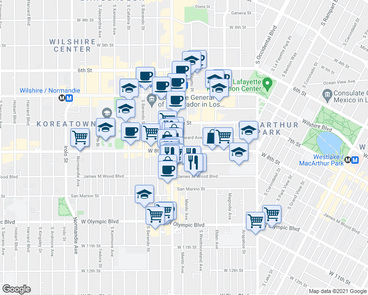 map of restaurants, bars, coffee shops, grocery stores, and more near 2936 West 8th Street in Los Angeles