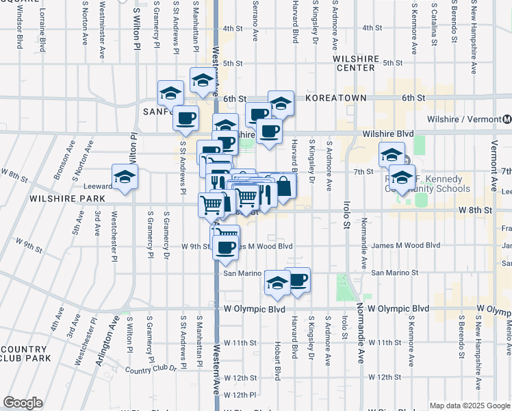 map of restaurants, bars, coffee shops, grocery stores, and more near 820 South Serrano Avenue in Los Angeles