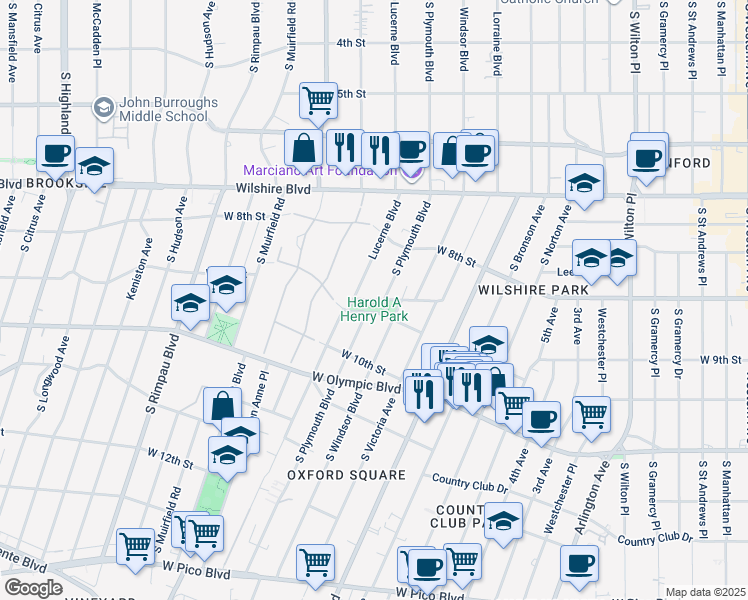 map of restaurants, bars, coffee shops, grocery stores, and more near 901 South Plymouth Boulevard in Los Angeles