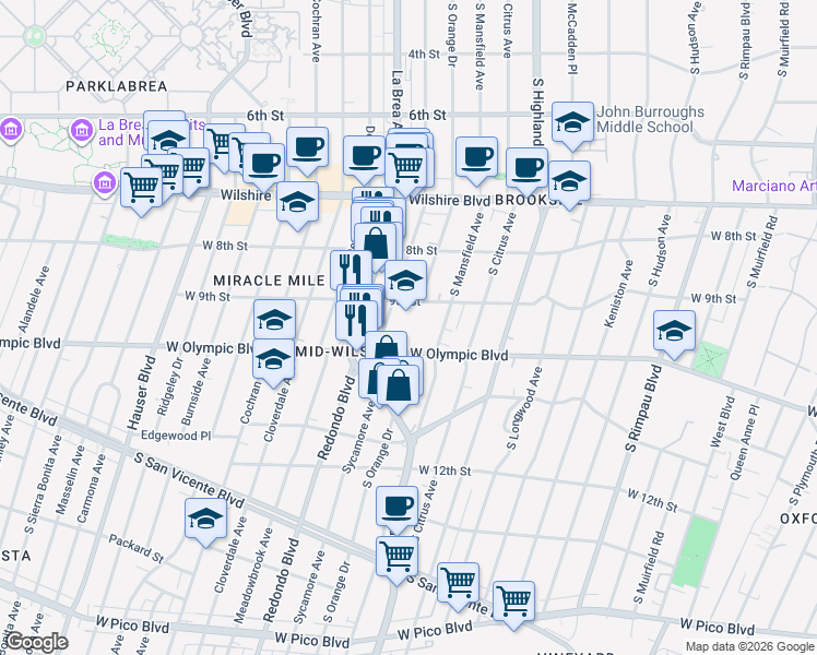 map of restaurants, bars, coffee shops, grocery stores, and more near 5241 West Olympic Boulevard in Los Angeles