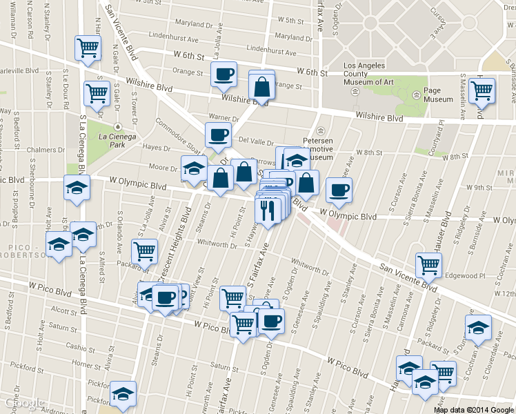 map of restaurants, bars, coffee shops, grocery stores, and more near 1024 South Hayworth Avenue in Los Angeles