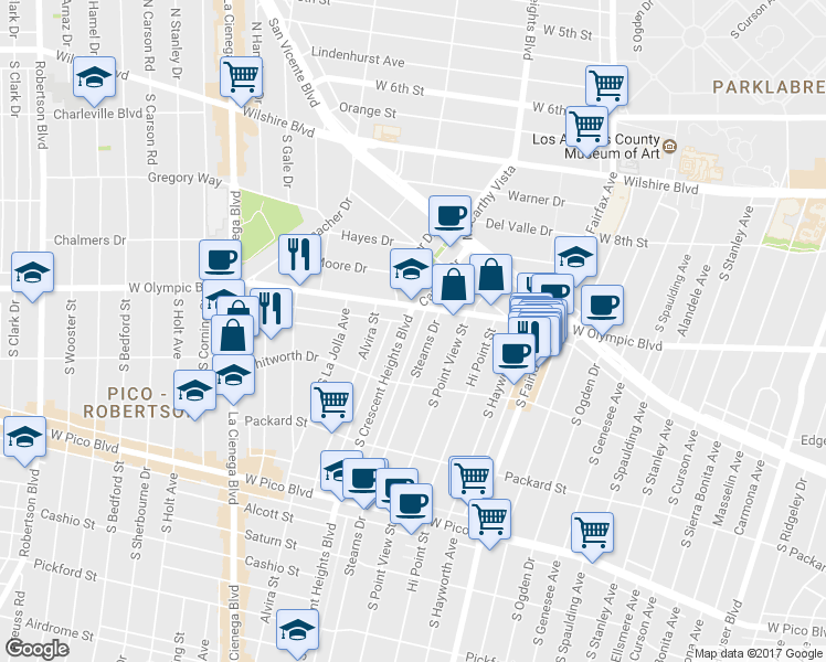 map of restaurants, bars, coffee shops, grocery stores, and more near 1042 South Crescent Heights Boulevard in Los Angeles