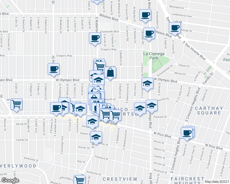 map of restaurants, bars, coffee shops, grocery stores, and more near 1060 South Shenandoah Street in Los Angeles