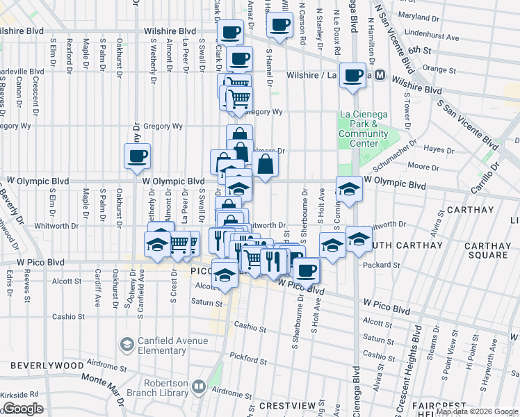 map of restaurants, bars, coffee shops, grocery stores, and more near 1060 South Shenandoah Street in Los Angeles