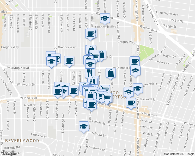 map of restaurants, bars, coffee shops, grocery stores, and more near 1059 South Wooster Street in Los Angeles