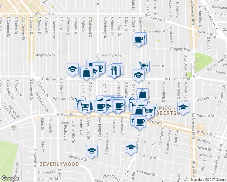 map of restaurants, bars, coffee shops, grocery stores, and more near 466 South Almont Drive in Beverly Hills