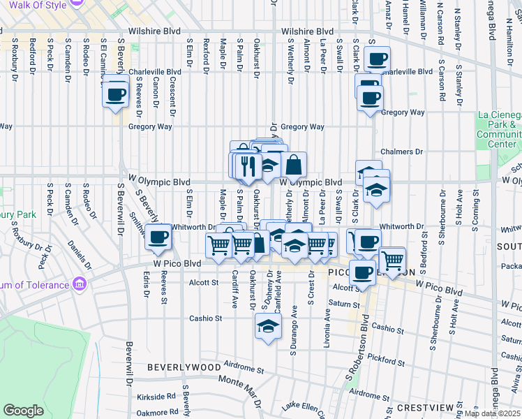 map of restaurants, bars, coffee shops, grocery stores, and more near 454 South Oakhurst Drive in Beverly Hills