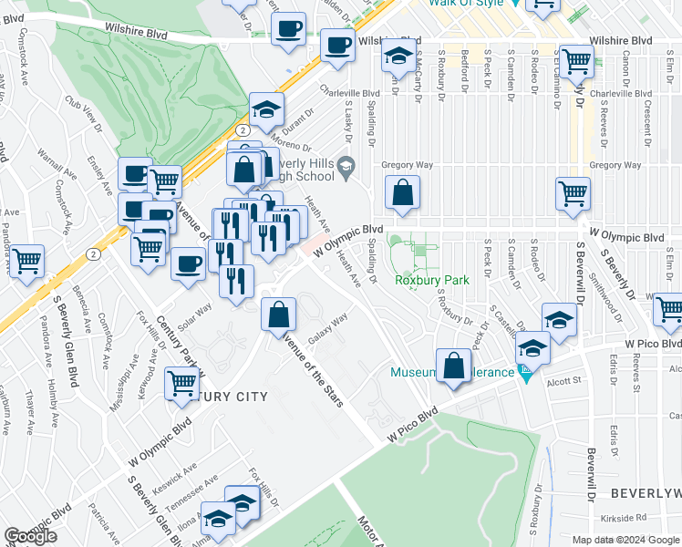 map of restaurants, bars, coffee shops, grocery stores, and more near 2170 Century Park East in Los Angeles