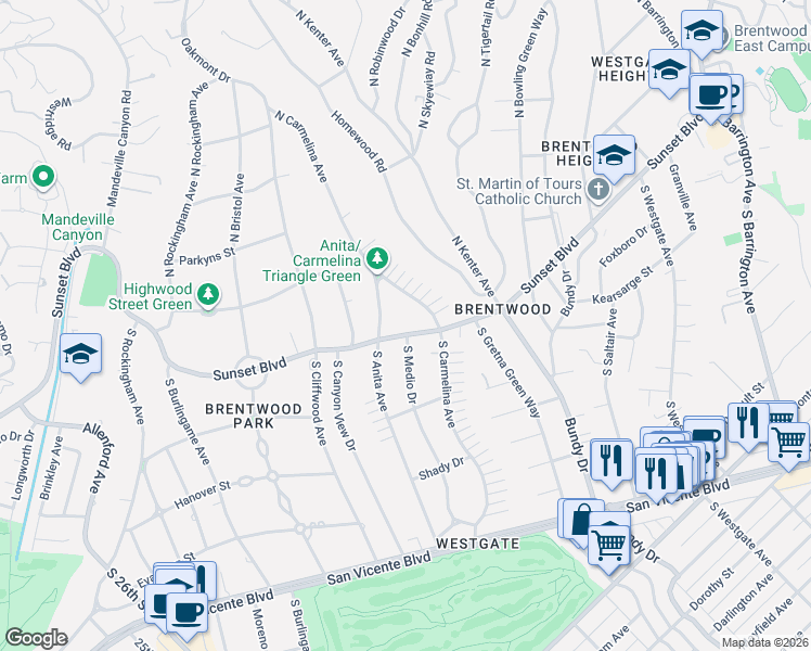 map of restaurants, bars, coffee shops, grocery stores, and more near 104 South Medio Drive in Los Angeles