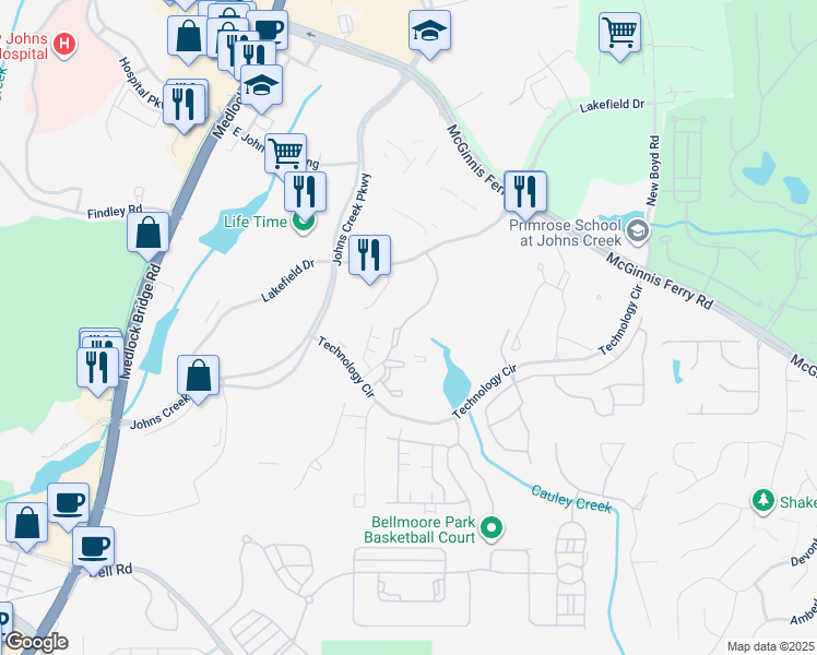 map of restaurants, bars, coffee shops, grocery stores, and more near 11000 Lakefield Place in Johns Creek