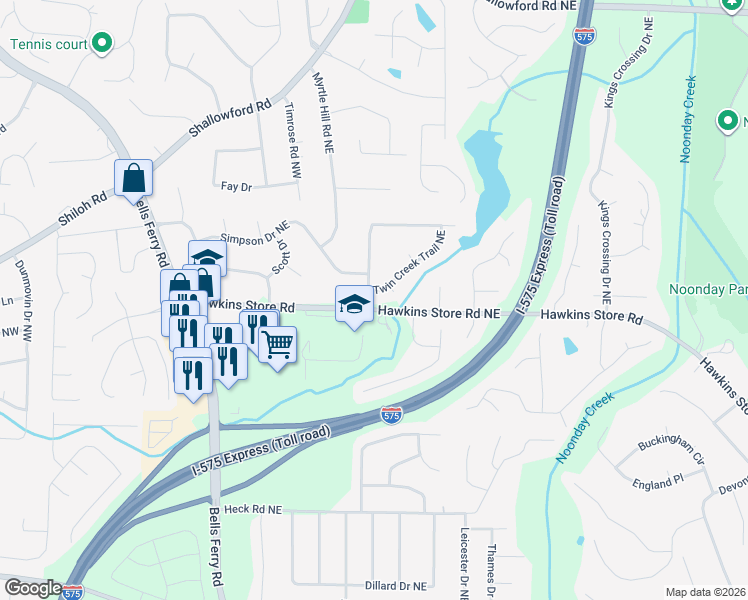 map of restaurants, bars, coffee shops, grocery stores, and more near 10 Twin Creek Trail Northeast in Kennesaw