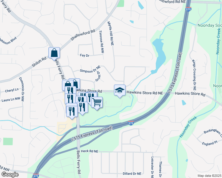 map of restaurants, bars, coffee shops, grocery stores, and more near 46 Hawkins Store Road Northwest in Kennesaw