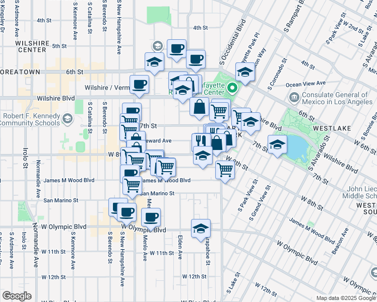 map of restaurants, bars, coffee shops, grocery stores, and more near 2802 West 8th Street in Los Angeles
