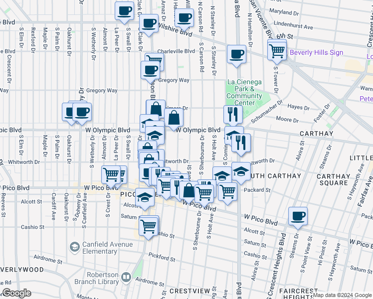 map of restaurants, bars, coffee shops, grocery stores, and more near 1045 South Bedford Street in Los Angeles