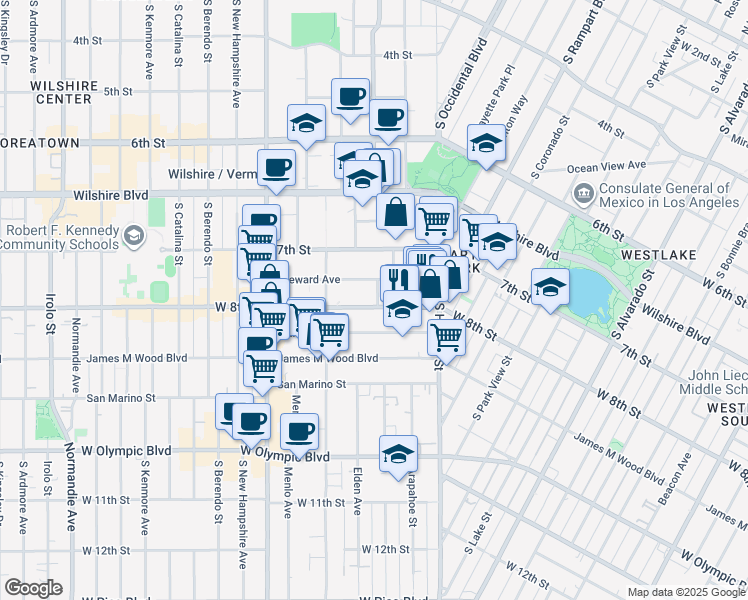 map of restaurants, bars, coffee shops, grocery stores, and more near 2802 West 8th Street in Los Angeles
