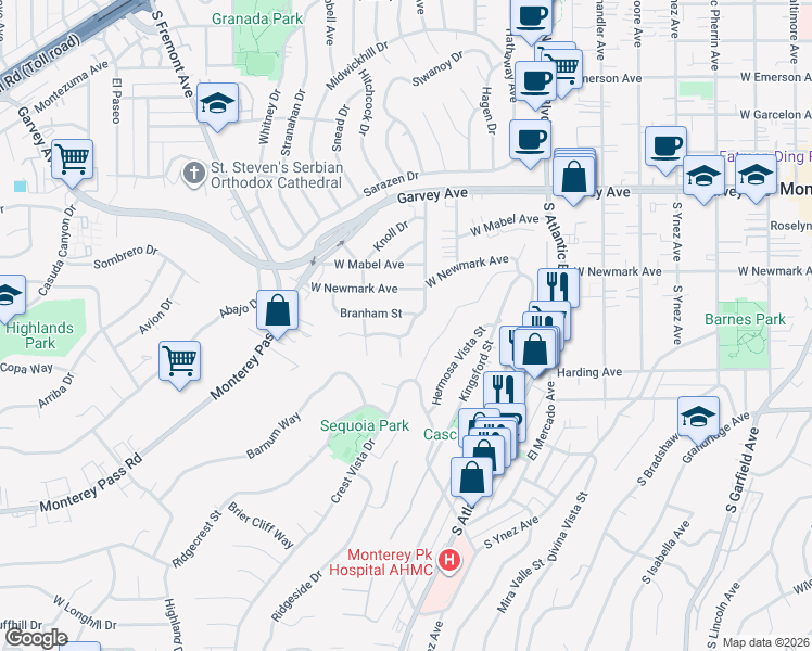 map of restaurants, bars, coffee shops, grocery stores, and more near 1121 Williams Street in Monterey Park