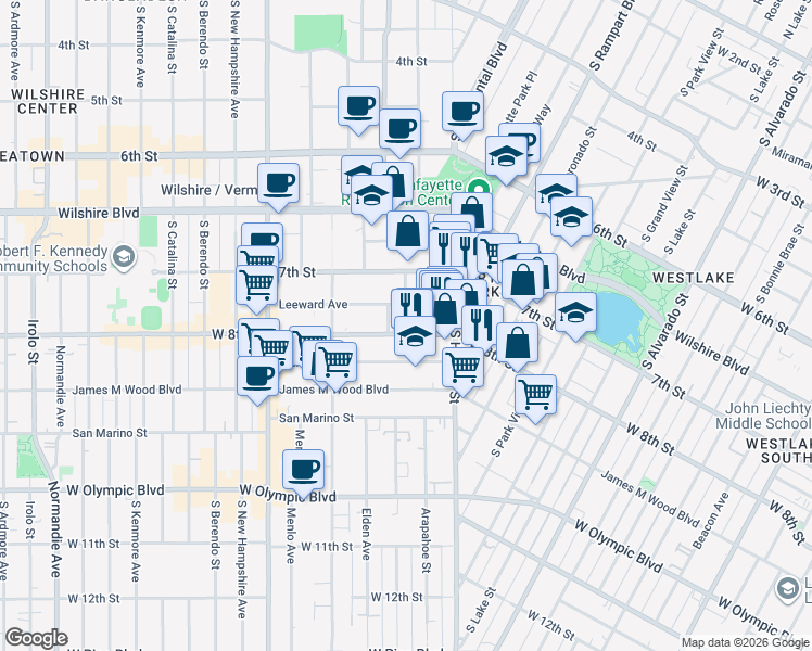 map of restaurants, bars, coffee shops, grocery stores, and more near 2773 West 8th Street in Los Angeles