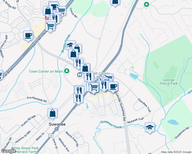 map of restaurants, bars, coffee shops, grocery stores, and more near 0 Buford Highway in Suwanee