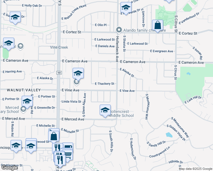 map of restaurants, bars, coffee shops, grocery stores, and more near 2116 East Thackery Street in West Covina