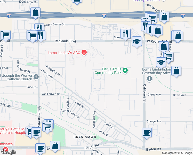 map of restaurants, bars, coffee shops, grocery stores, and more near San Luis Street in Loma Linda