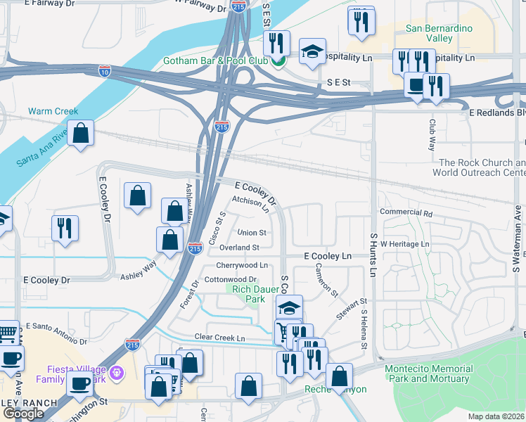 map of restaurants, bars, coffee shops, grocery stores, and more near 779 Atchison Street in Colton
