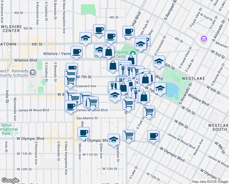 map of restaurants, bars, coffee shops, grocery stores, and more near 2744 West 8th Street in Los Angeles