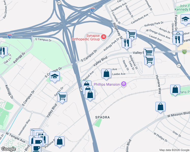 map of restaurants, bars, coffee shops, grocery stores, and more near 411 Gretchen Place in Pomona