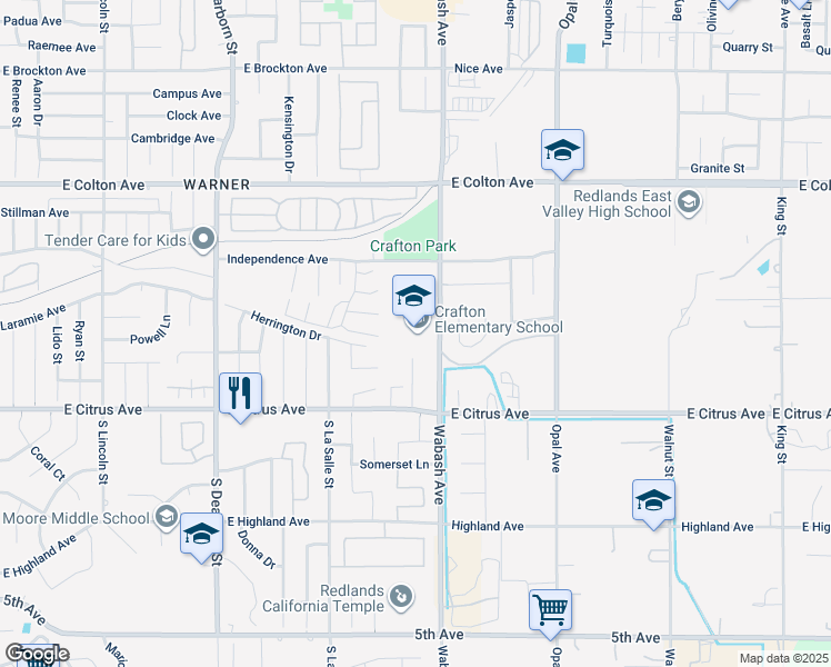 map of restaurants, bars, coffee shops, grocery stores, and more near 311 Wabash Avenue in Redlands