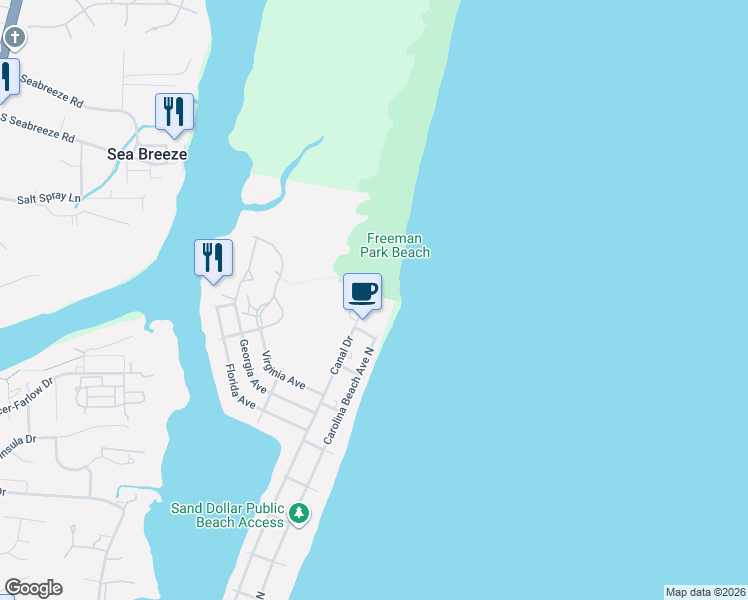 map of restaurants, bars, coffee shops, grocery stores, and more near 1810 Canal Drive in Carolina Beach