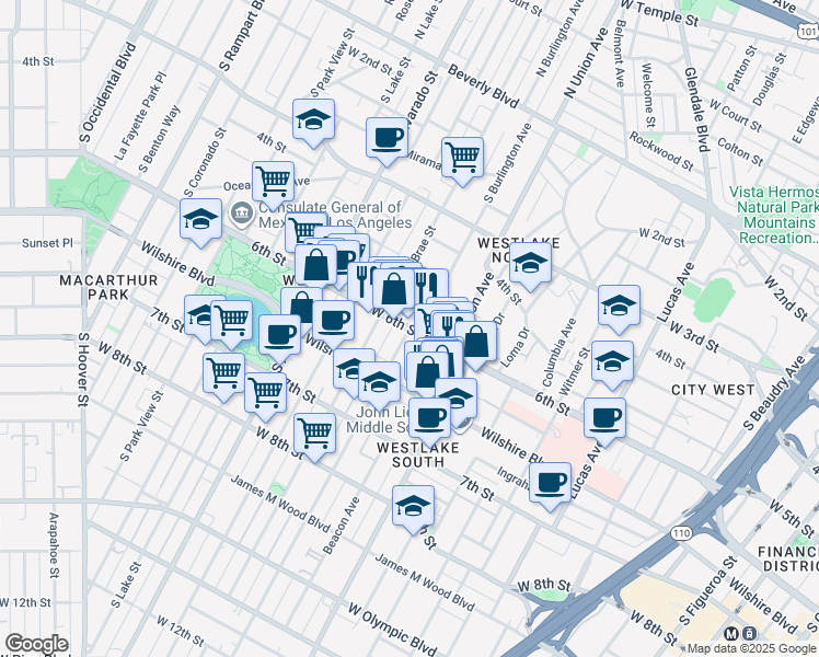 map of restaurants, bars, coffee shops, grocery stores, and more near South Burlington Avenue in Los Angeles