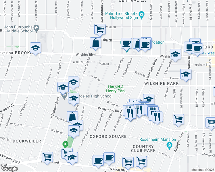 map of restaurants, bars, coffee shops, grocery stores, and more near 893 South Lucerne Boulevard in Los Angeles