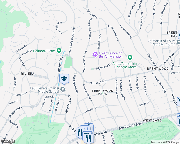 map of restaurants, bars, coffee shops, grocery stores, and more near 12846 Highwood Street in Los Angeles