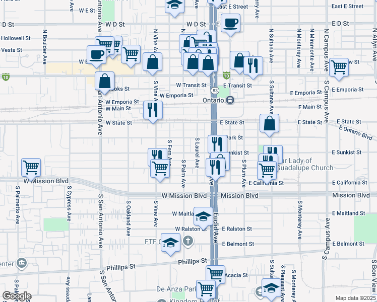 map of restaurants, bars, coffee shops, grocery stores, and more near 612 South Laurel Avenue in Ontario