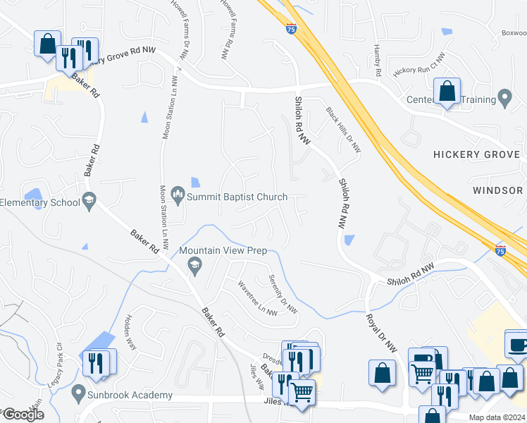 map of restaurants, bars, coffee shops, grocery stores, and more near 2082 Clearvista Drive Northwest in Acworth