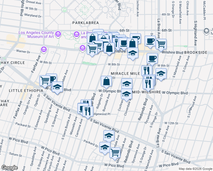 map of restaurants, bars, coffee shops, grocery stores, and more near 930 Ridgeley Drive in Los Angeles