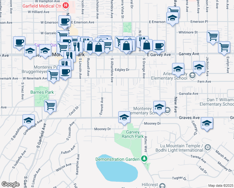 map of restaurants, bars, coffee shops, grocery stores, and more near 400 South Alhambra Avenue in Monterey Park