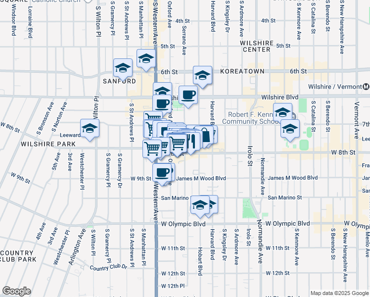 map of restaurants, bars, coffee shops, grocery stores, and more near 820 South Serrano Avenue in Los Angeles