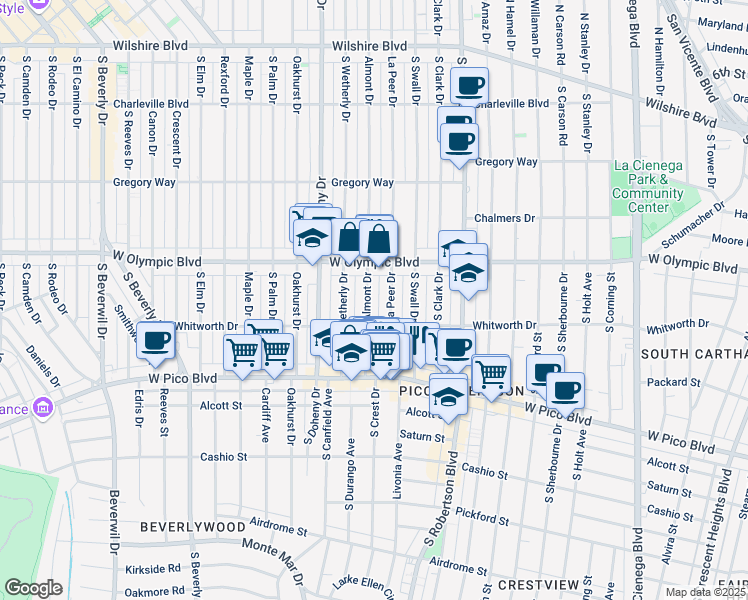 map of restaurants, bars, coffee shops, grocery stores, and more near 466 South Almont Drive in Beverly Hills