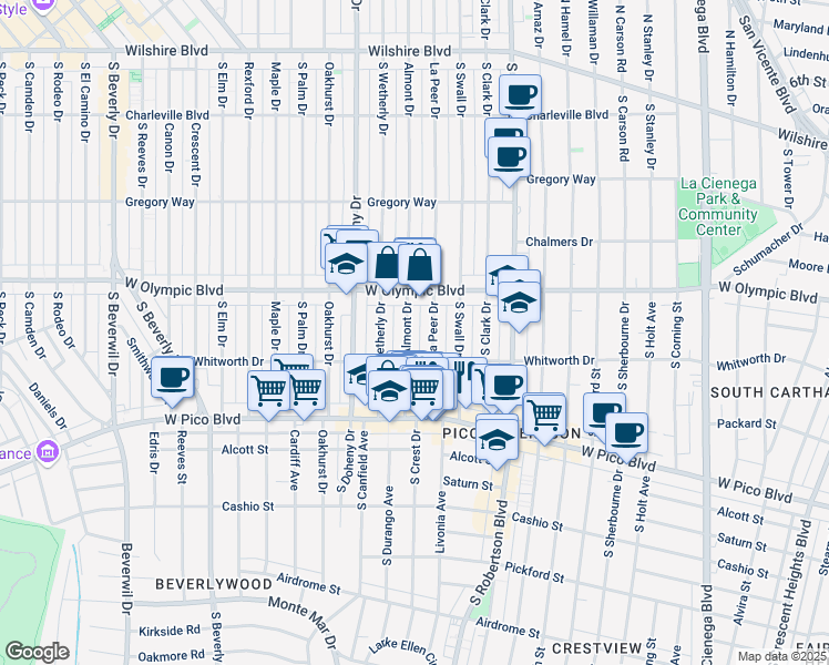 map of restaurants, bars, coffee shops, grocery stores, and more near 446 South Almont Drive in Beverly Hills