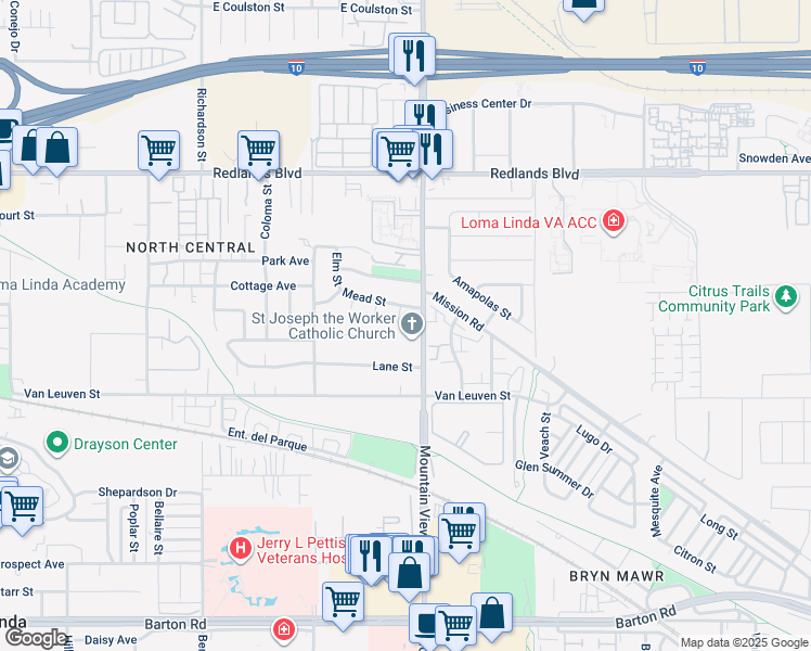 map of restaurants, bars, coffee shops, grocery stores, and more near 10733 Mead Way in Loma Linda