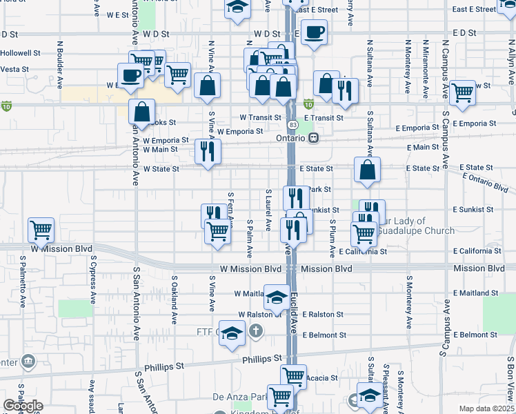map of restaurants, bars, coffee shops, grocery stores, and more near 612 South Laurel Avenue in Ontario