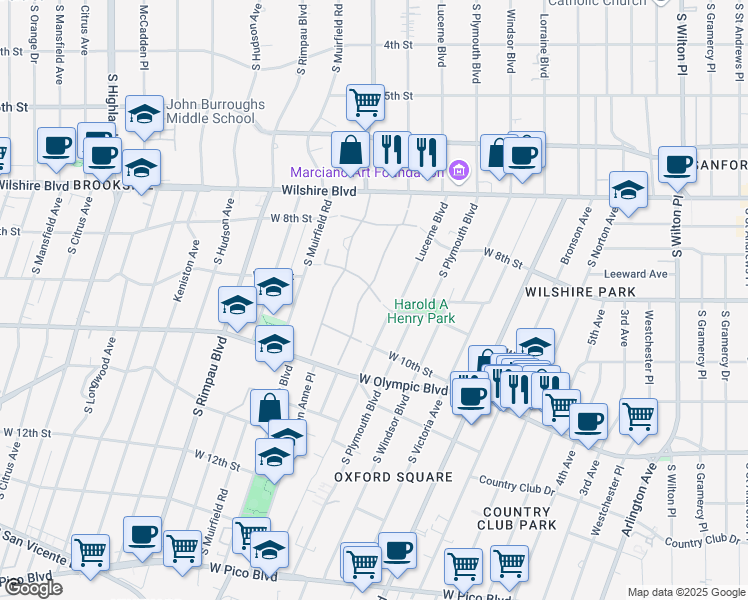 map of restaurants, bars, coffee shops, grocery stores, and more near 72 Fremont Place in Los Angeles