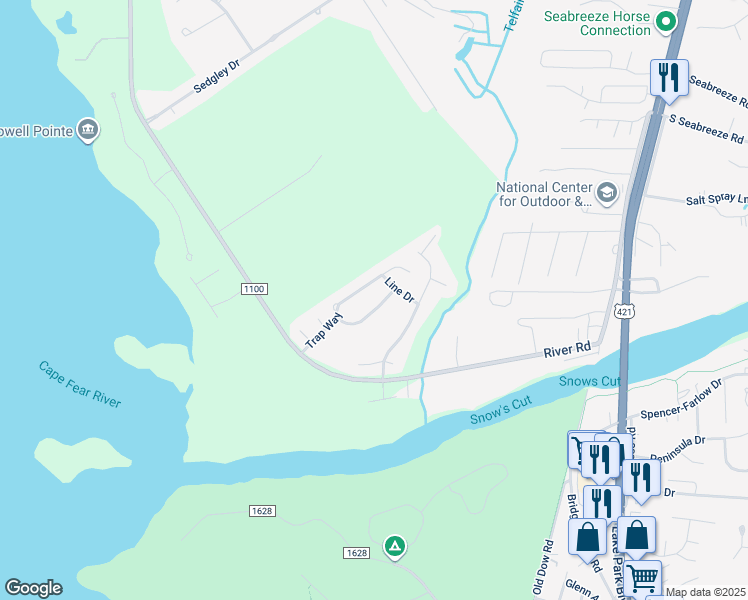map of restaurants, bars, coffee shops, grocery stores, and more near 7825 Chipshot Way in Wilmington