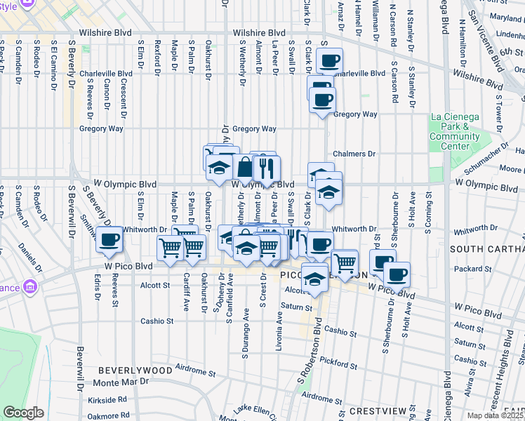 map of restaurants, bars, coffee shops, grocery stores, and more near 446 South Almont Drive in Beverly Hills