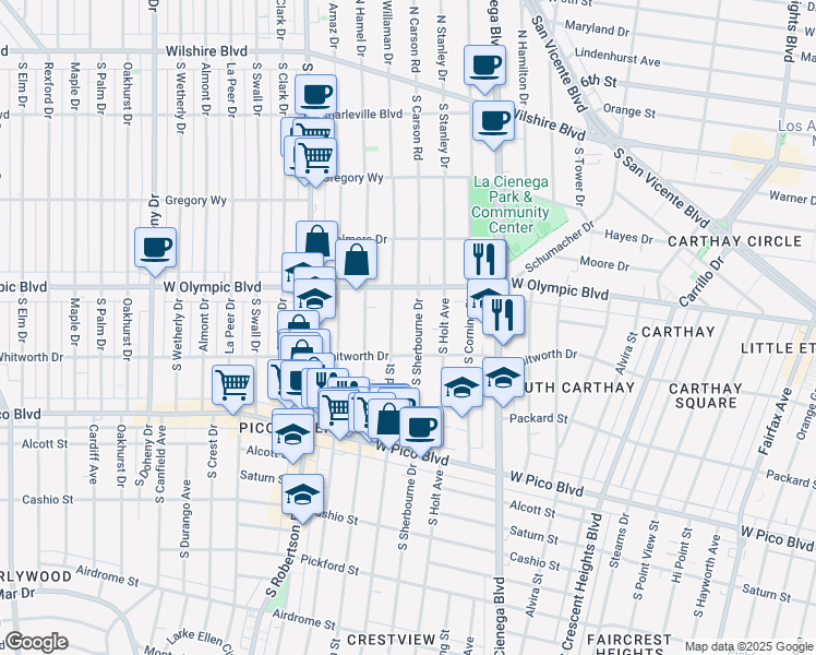 map of restaurants, bars, coffee shops, grocery stores, and more near 1045 South Sherbourne Drive in Los Angeles